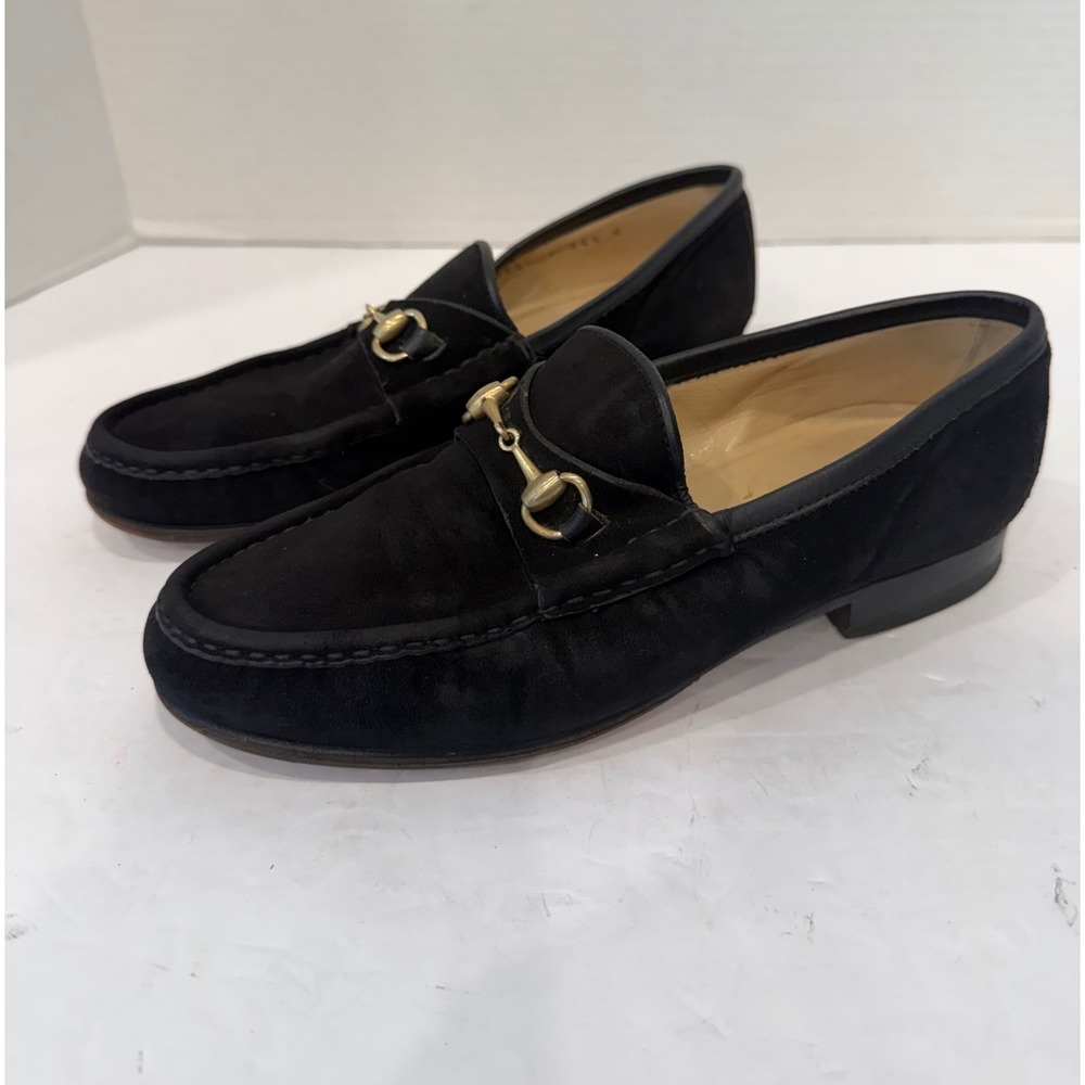 Gucci Horsebit Black Suede Gold Horsebit Hardware Slip On Loafer Shoes 4.5C